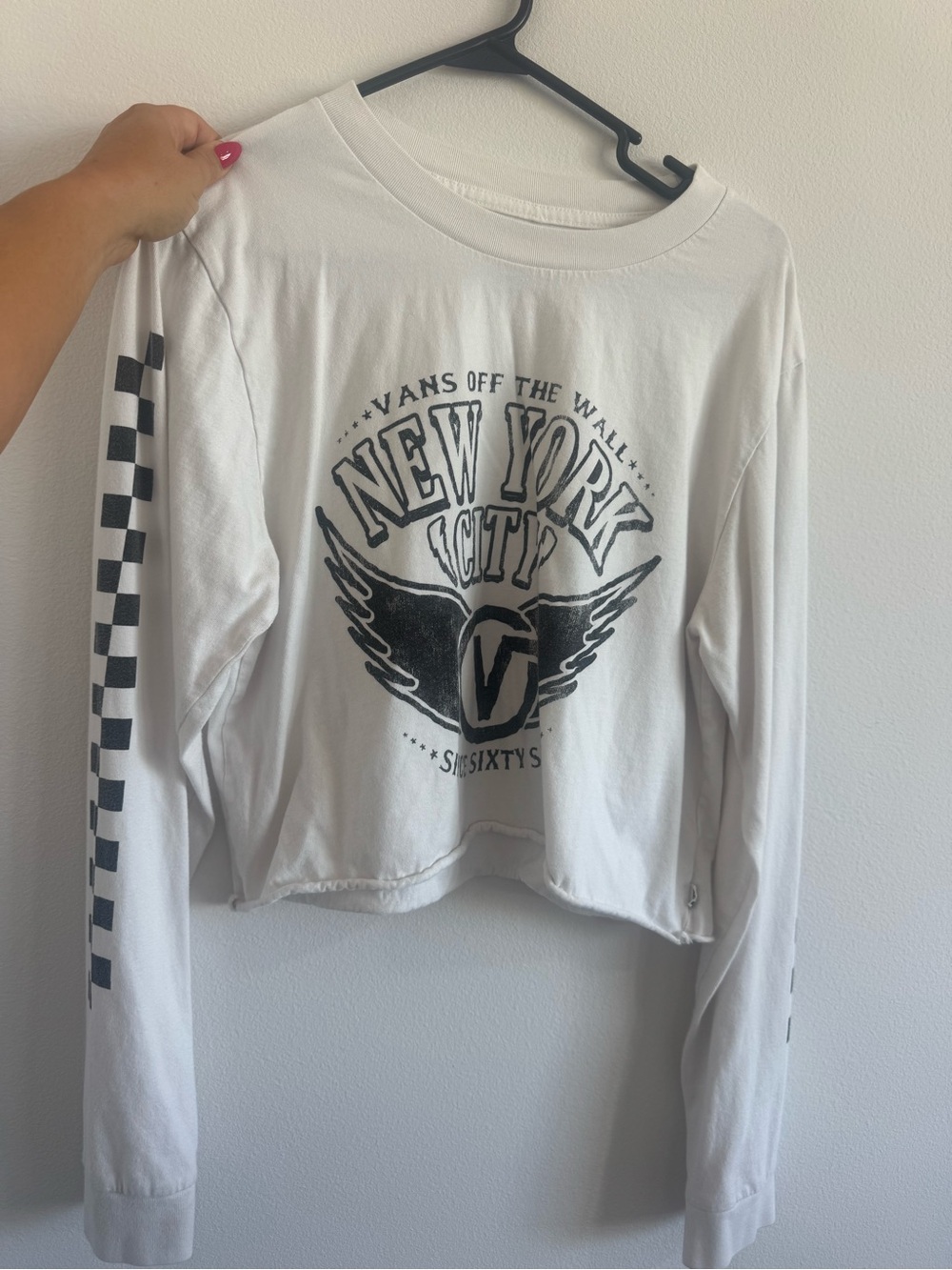 Vans White Long Sleeve Crop Top with Black NY Graphic